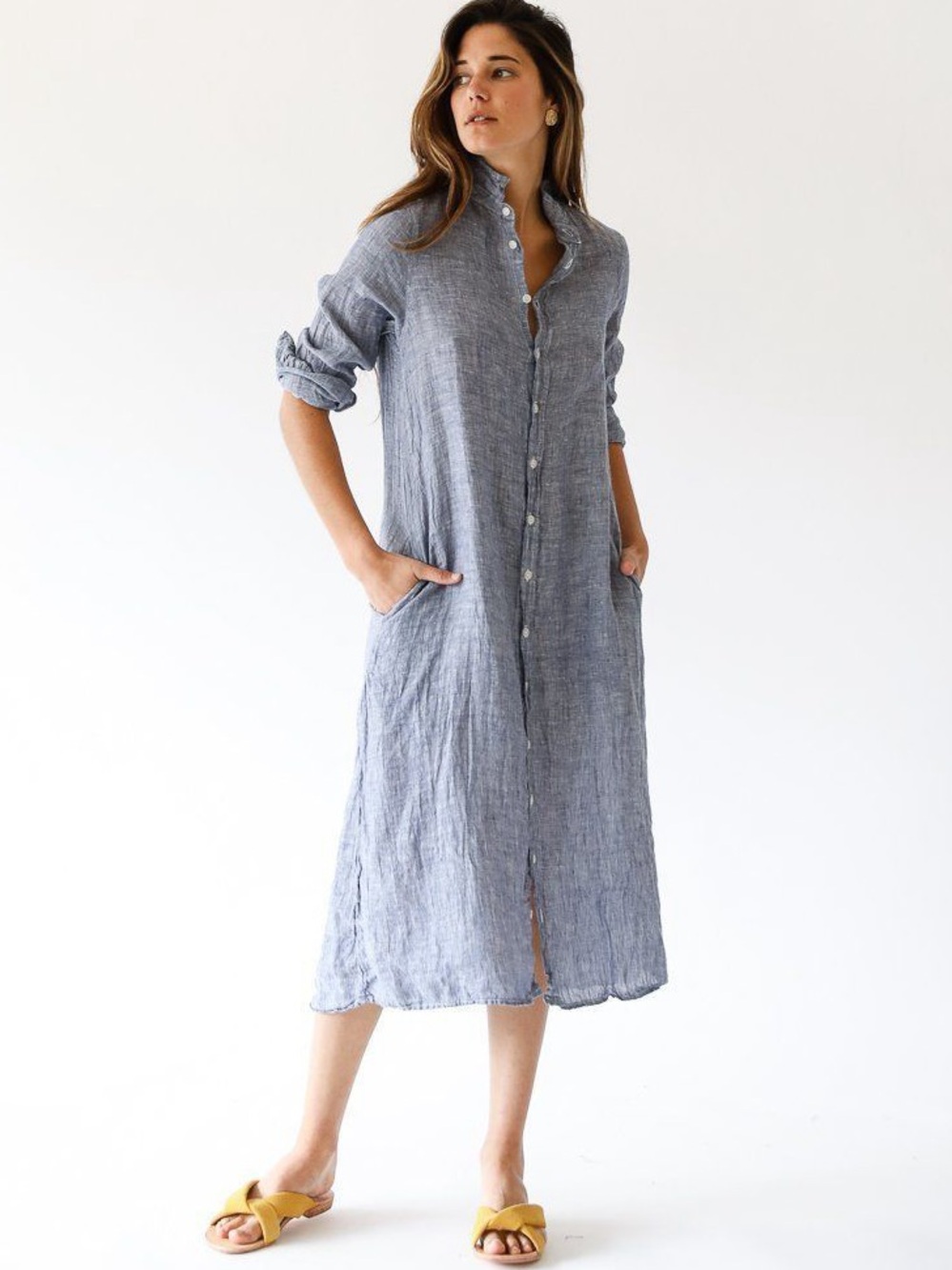 CP Shades 100% linen chambray twill shirt dress full button front midi Small